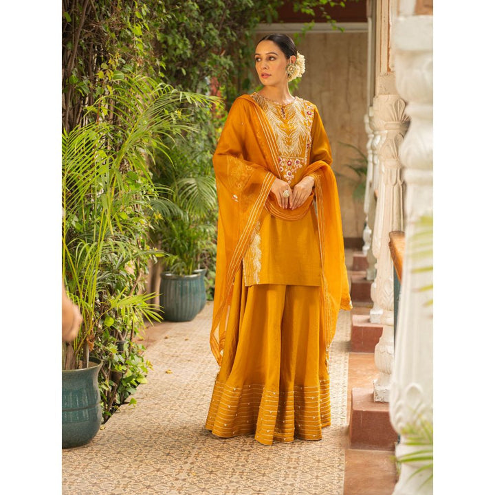 Ajiesh Oberoi Rani Mustard Straight Short Kurta and Sharara with Dupatta (Set of 3)