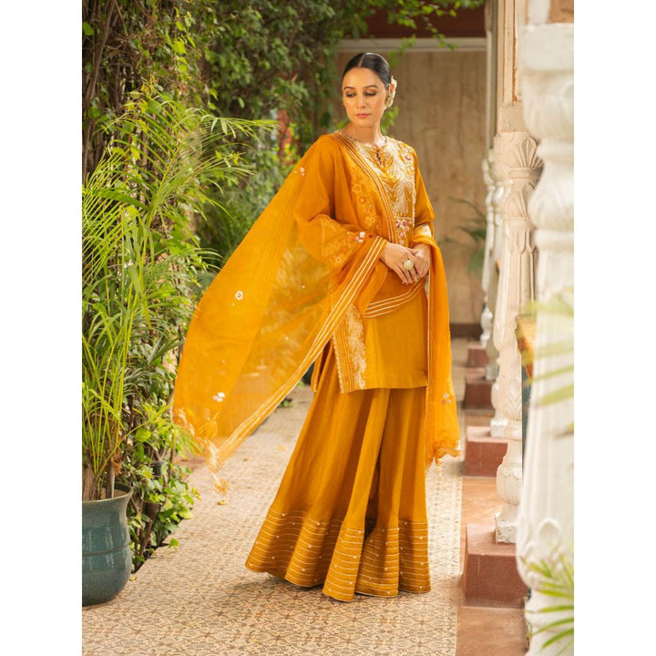 Ajiesh Oberoi Rani Mustard Straight Short Kurta and Sharara with Dupatta (Set of 3)