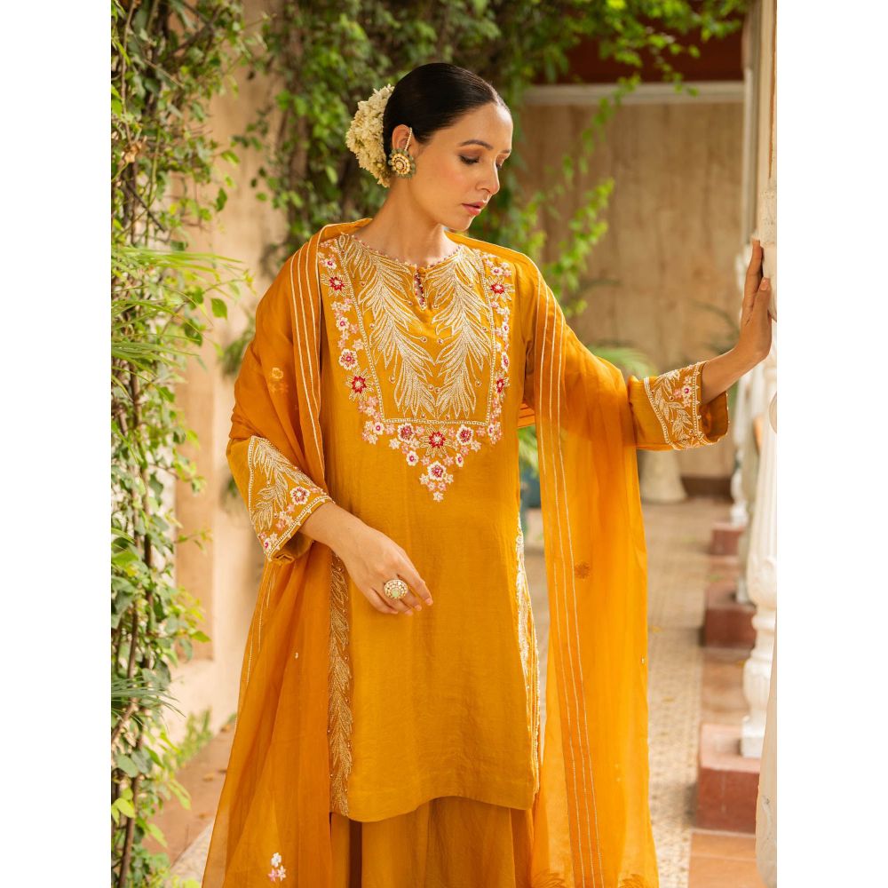 Ajiesh Oberoi Rani Mustard Straight Short Kurta and Sharara with Dupatta (Set of 3)