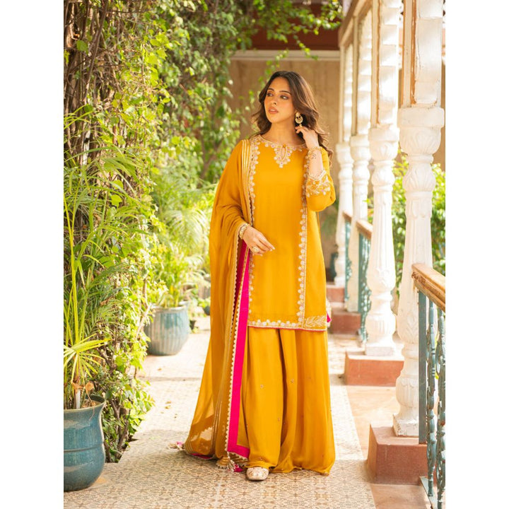 Ajiesh Oberoi Sugandh Mustard Straight Kurta and Sharara with Dupatta (Set of 3)