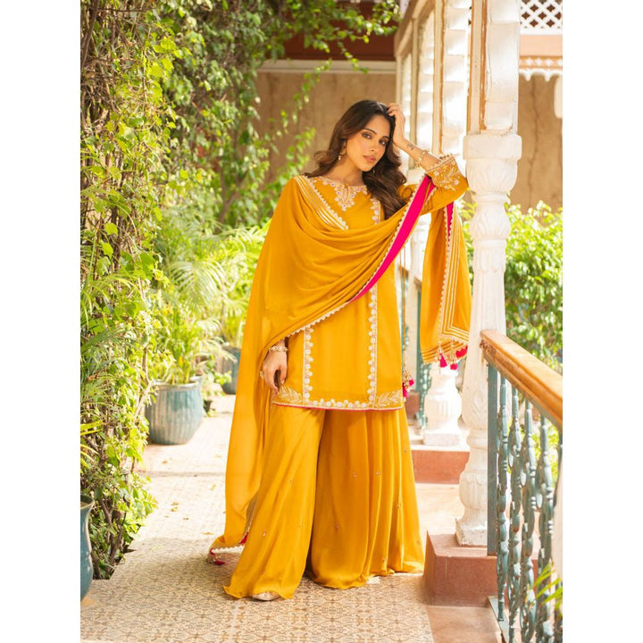 Ajiesh Oberoi Sugandh Mustard Straight Kurta and Sharara with Dupatta (Set of 3)