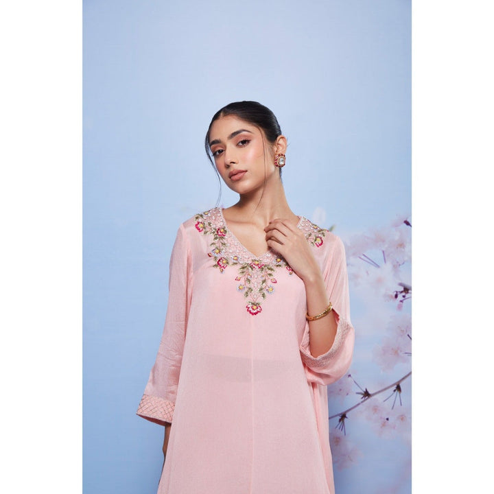 Ajiesh Oberoi Baby Pink Chanda Embroidered Kurti with Bustier and Palazzo (Set of 3)