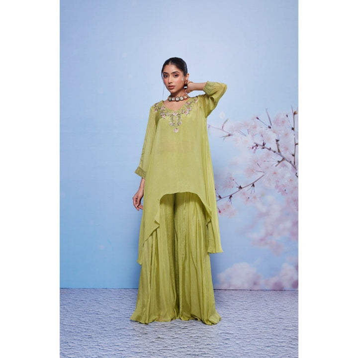 Ajiesh Oberoi Green Chanda Embroidered Kurti with Bustier and Palazzo (Set of 3)