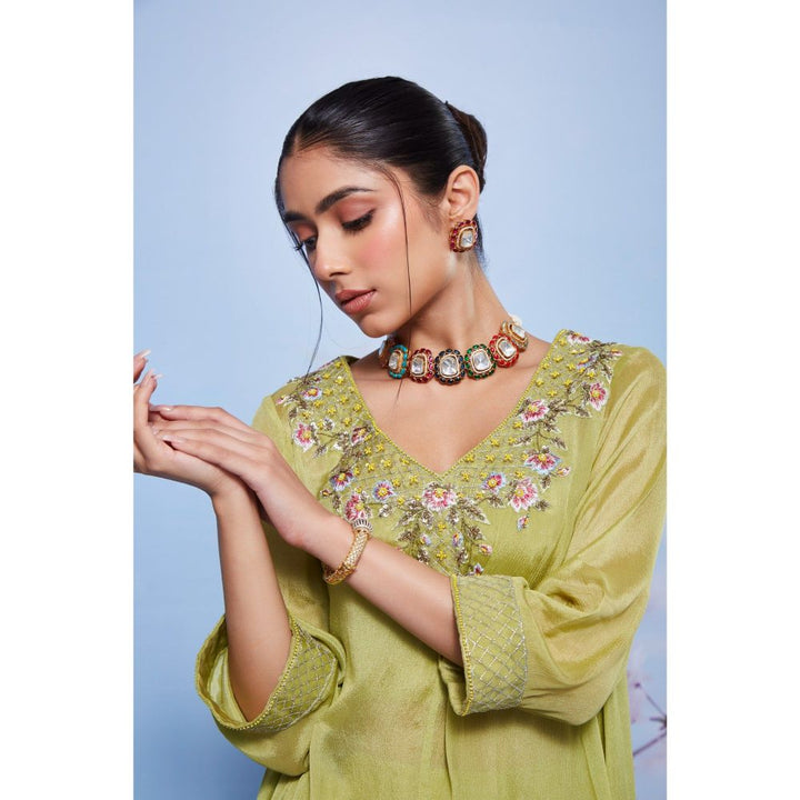 Ajiesh Oberoi Green Chanda Embroidered Kurti with Bustier and Palazzo (Set of 3)