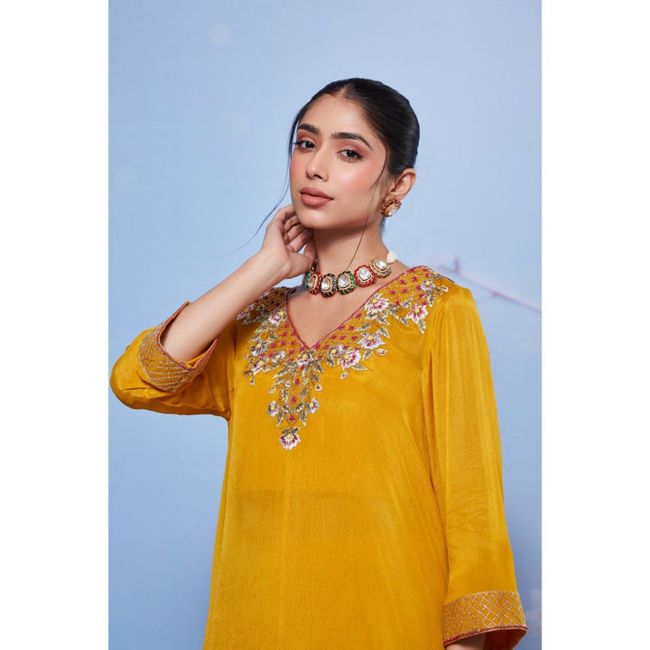 Ajiesh Oberoi Mustard Chanda Embroidered Kurti with Bustier and Palazzo (Set of 3)