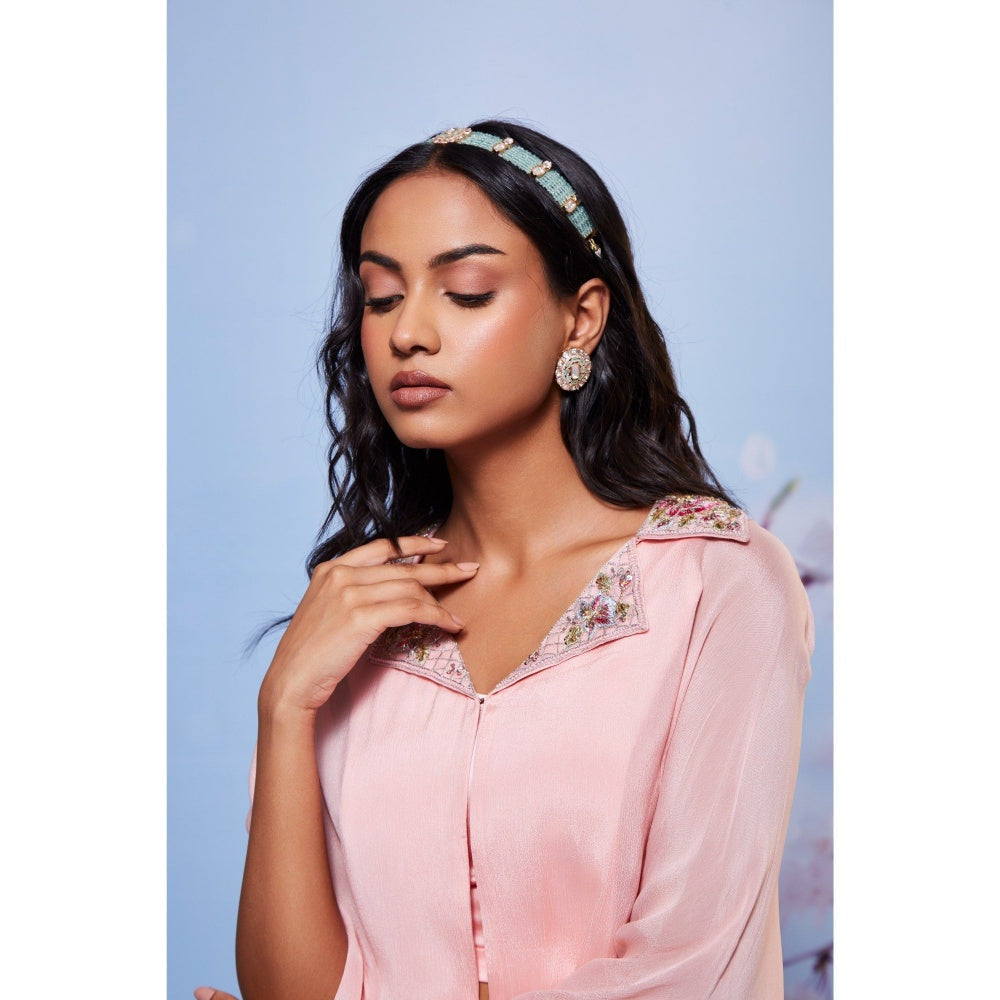 Ajiesh Oberoi Baby Pink Zarin Embroidered Cape with Bustier and Skirt (Set of 3)