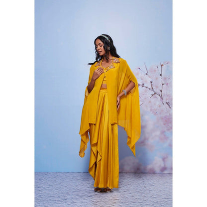 Ajiesh Oberoi Mustard Zarin Embroidered Cape with Bustier and Skirt (Set of 3)