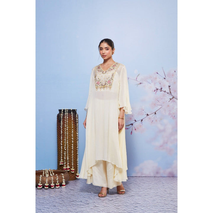 Ajiesh Oberoi Ivory Chakori Embroidered Kurta with Bustier and Palazzo (Set of 3)