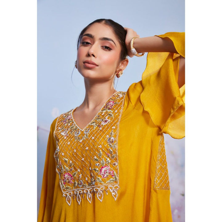 Ajiesh Oberoi Mustard Chakori Embroidered Kurta with Bustier and Palazzo (Set of 3)