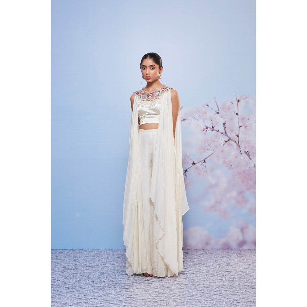 Ajiesh Oberoi Ivory Daisy Embroidered Cape with Bustier and Sharara (Set of 3)
