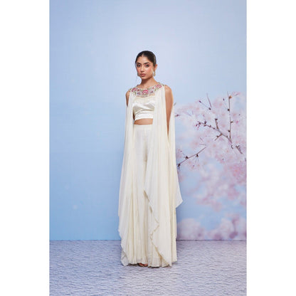 Ajiesh Oberoi Ivory Daisy Embroidered Cape with Bustier and Sharara (Set of 3)