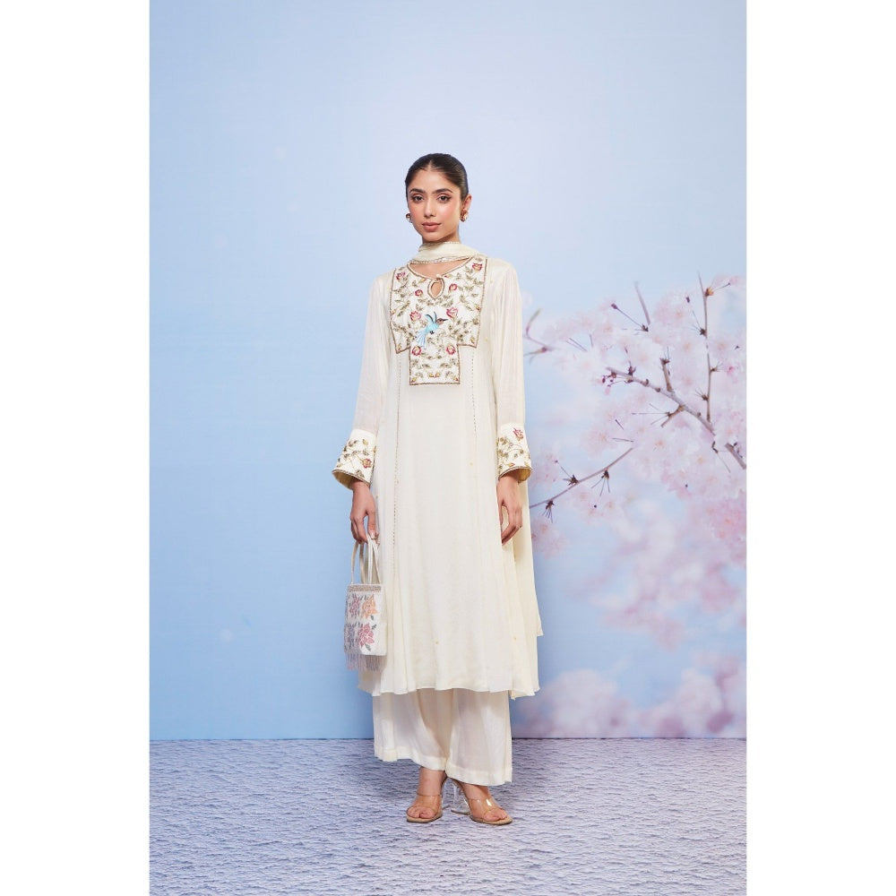 Ajiesh Oberoi Ivory Mili Embroidery Kurta with Palazzo and Dupatta (Set of 3)