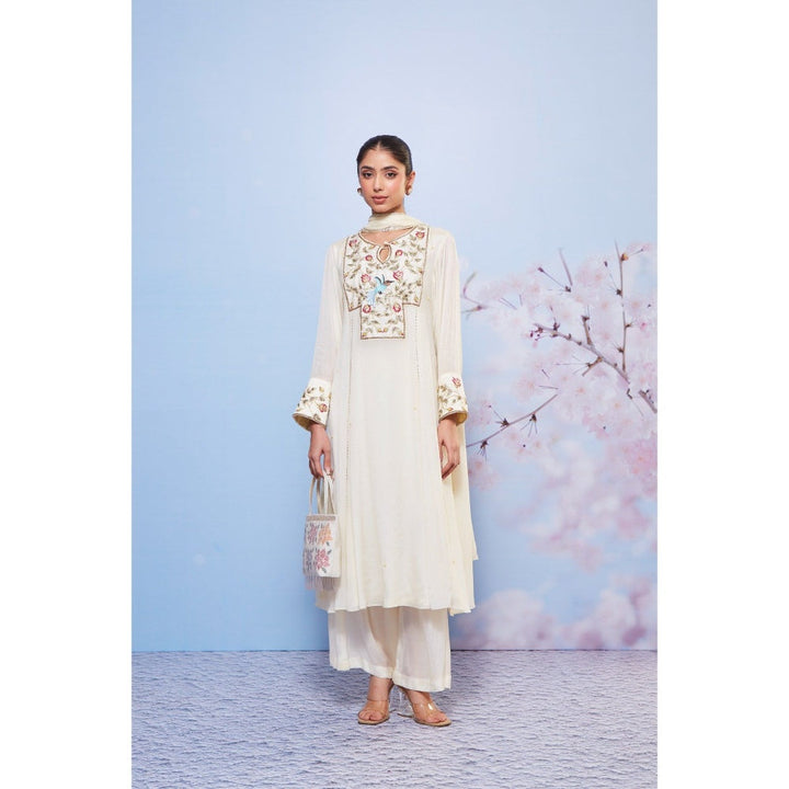 Ajiesh Oberoi Ivory Mili Embroidery Kurta with Palazzo and Dupatta (Set of 3)