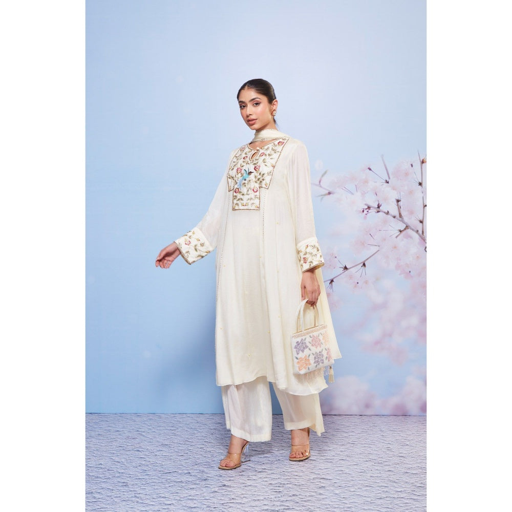 Ajiesh Oberoi Ivory Mili Embroidery Kurta with Palazzo and Dupatta (Set of 3)