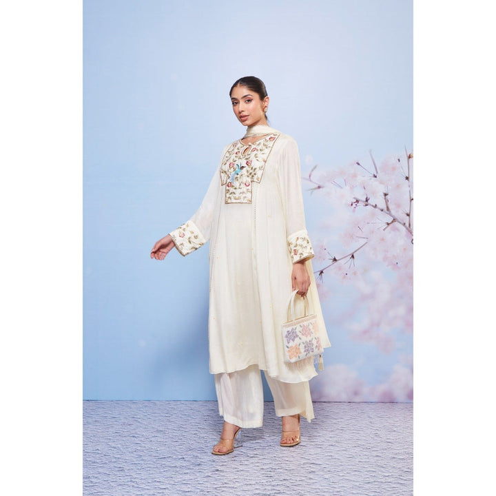 Ajiesh Oberoi Ivory Mili Embroidery Kurta with Palazzo and Dupatta (Set of 3)