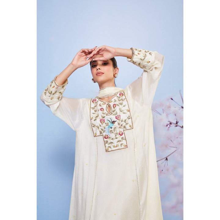 Ajiesh Oberoi Ivory Mili Embroidery Kurta with Palazzo and Dupatta (Set of 3)