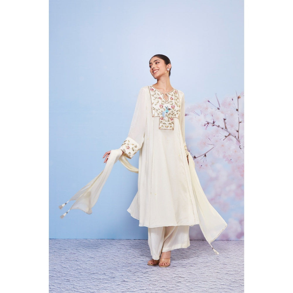 Ajiesh Oberoi Ivory Mili Embroidery Kurta with Palazzo and Dupatta (Set of 3)