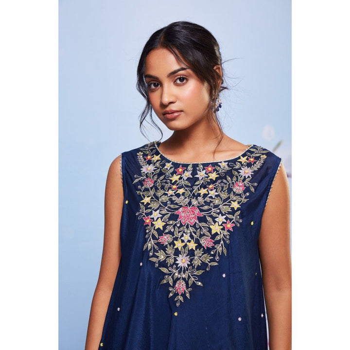 Ajiesh Oberoi Navy Babli Embroidered Kurti with Bustier and Sharara (Set of 3)