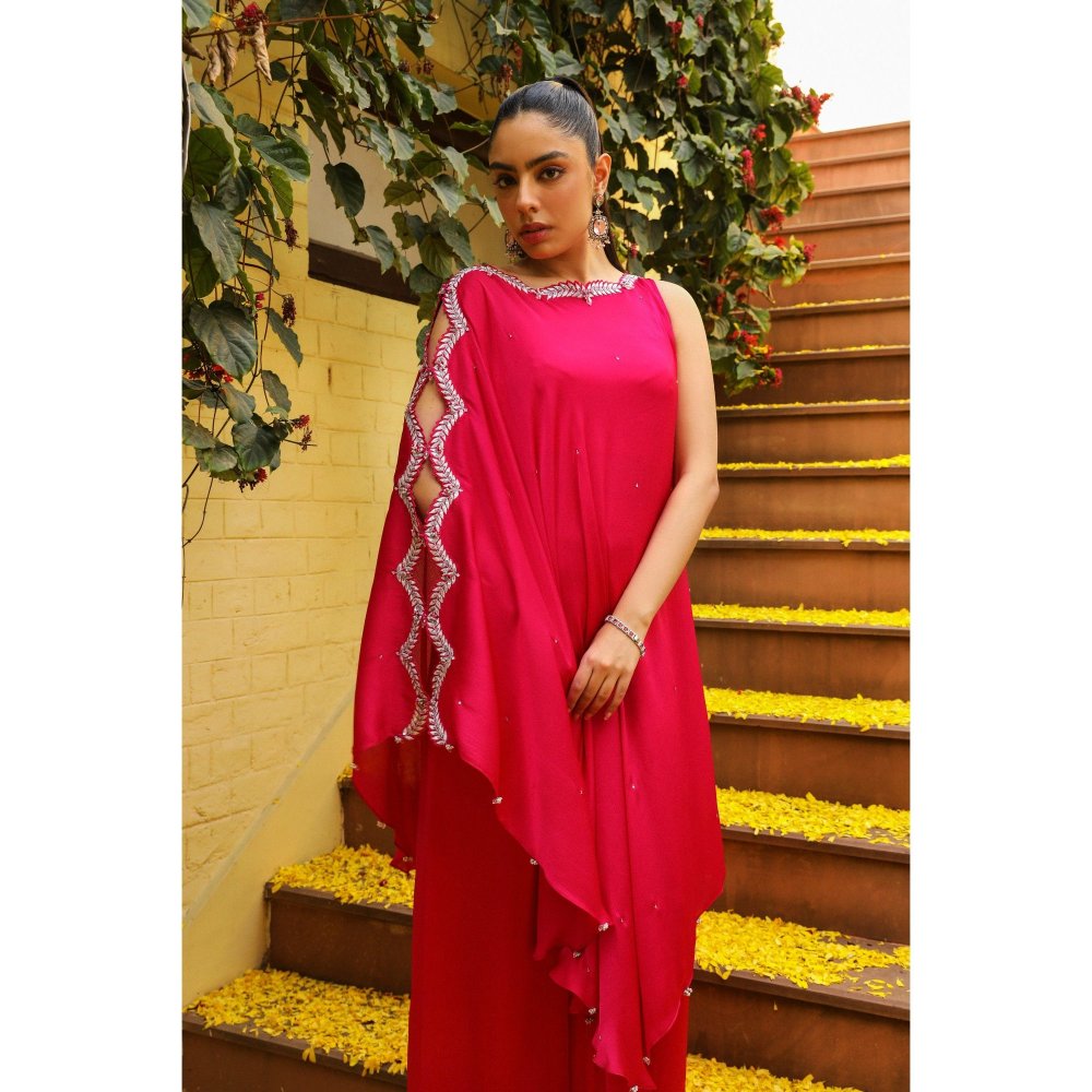 Ajiesh Oberoi Pink Lehar Palazzo with Cape Sleeve Kurta (Set of 2)