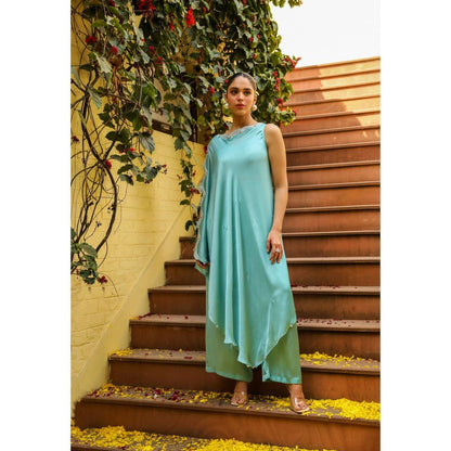 Ajiesh Oberoi Blue Lehar Palazzo with Cape Sleeve Kurta (Set of 2)