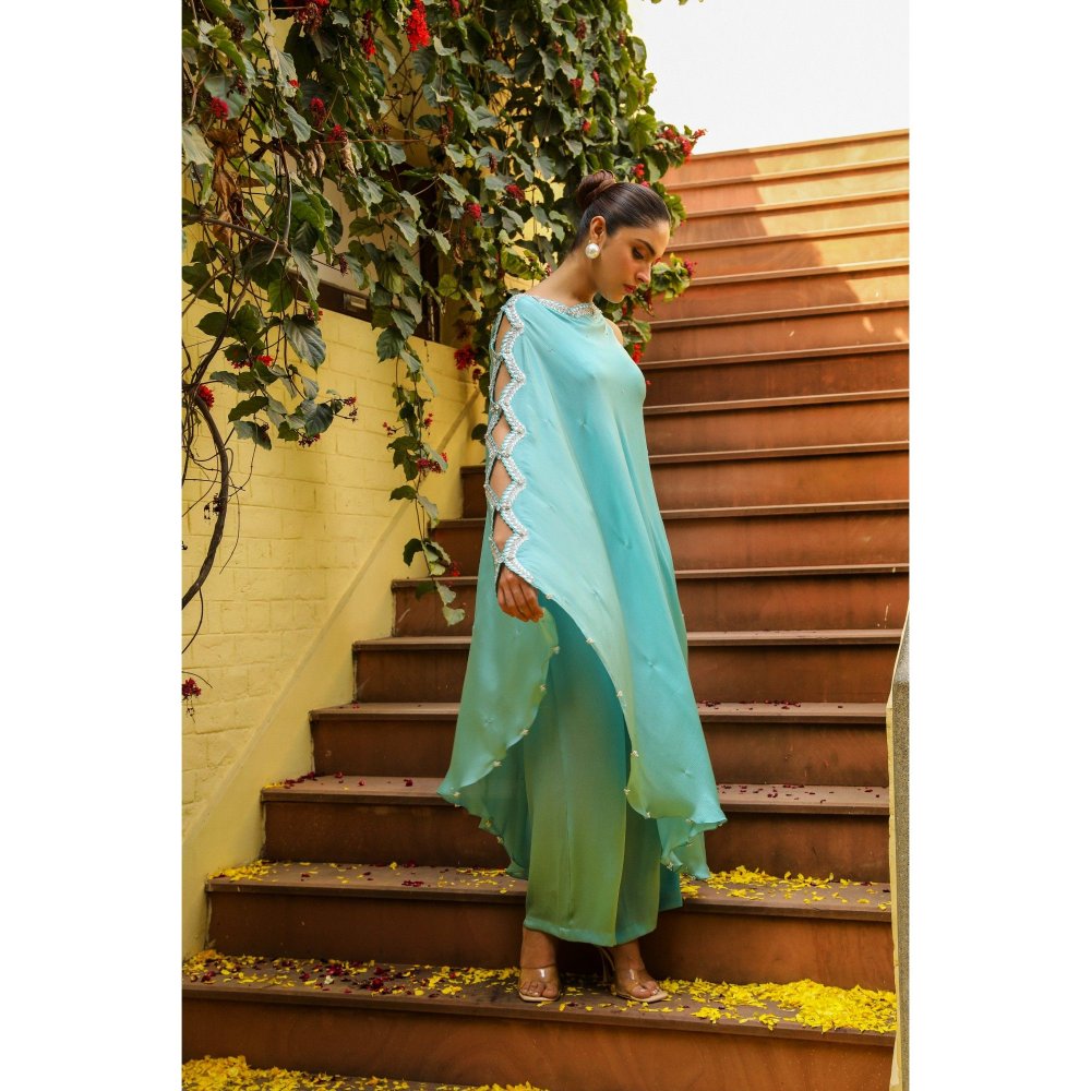 Ajiesh Oberoi Blue Lehar Palazzo with Cape Sleeve Kurta (Set of 2)