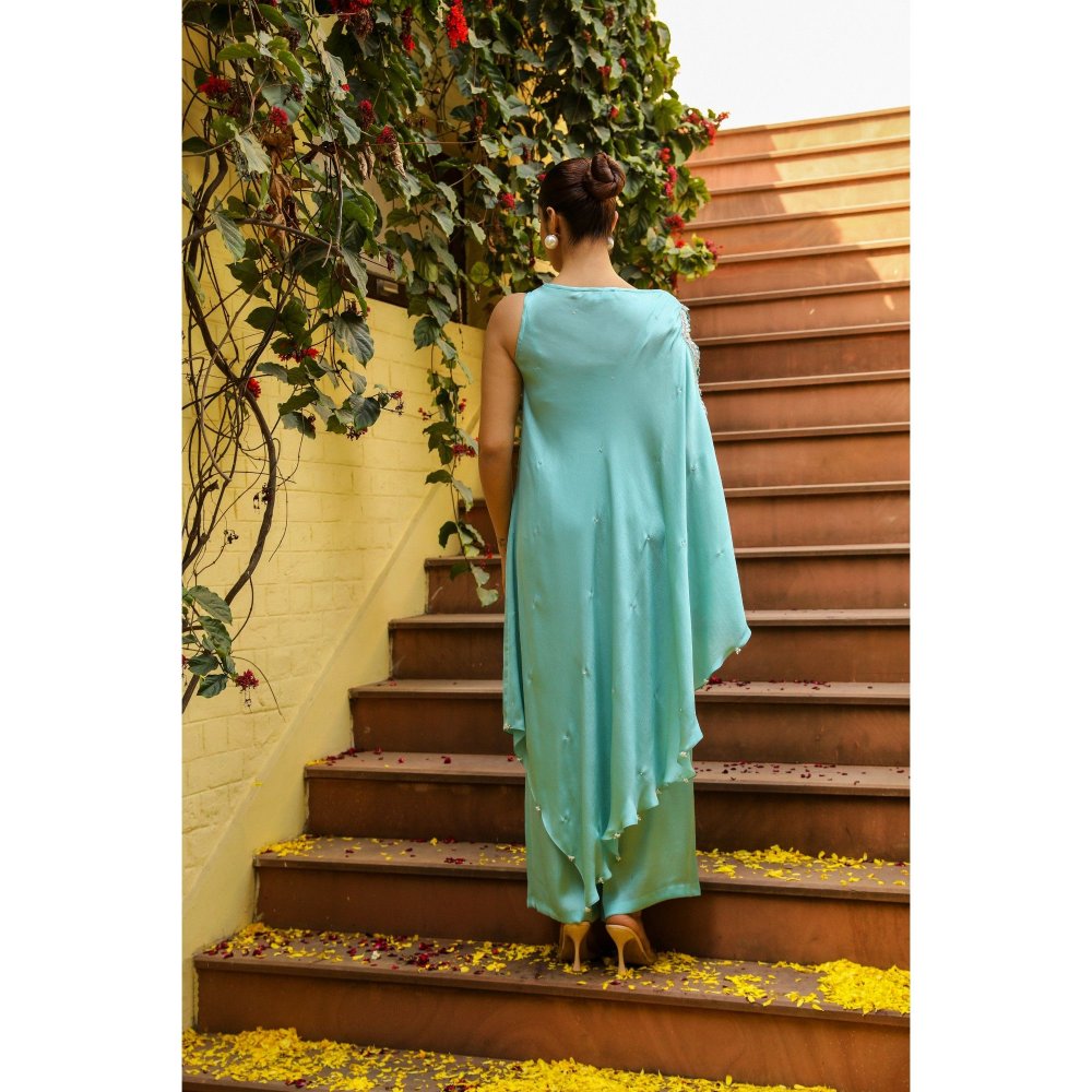 Ajiesh Oberoi Blue Lehar Palazzo with Cape Sleeve Kurta (Set of 2)