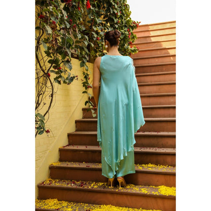 Ajiesh Oberoi Blue Lehar Palazzo with Cape Sleeve Kurta (Set of 2)
