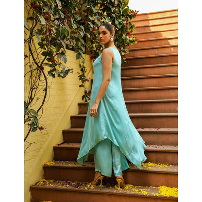 Ajiesh Oberoi Blue Lehar Palazzo with Cape Sleeve Kurta (Set of 2)