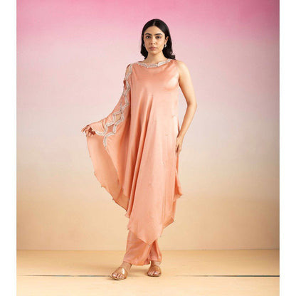 Ajiesh Oberoi Peach Lehar Palazzo with Cape Sleeve Kurta (Set of 2)