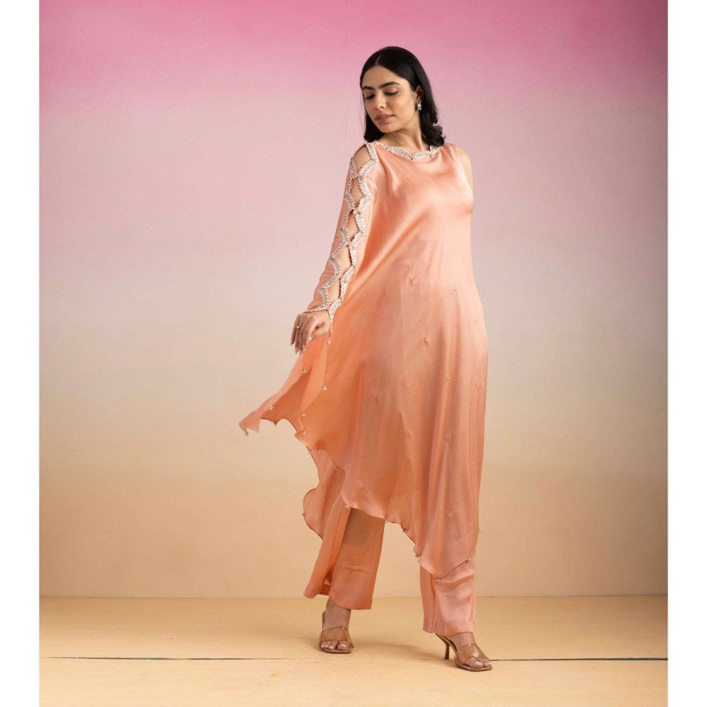 Ajiesh Oberoi Peach Lehar Palazzo with Cape Sleeve Kurta (Set of 2)