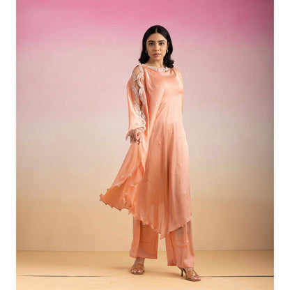 Ajiesh Oberoi Peach Lehar Palazzo with Cape Sleeve Kurta (Set of 2)