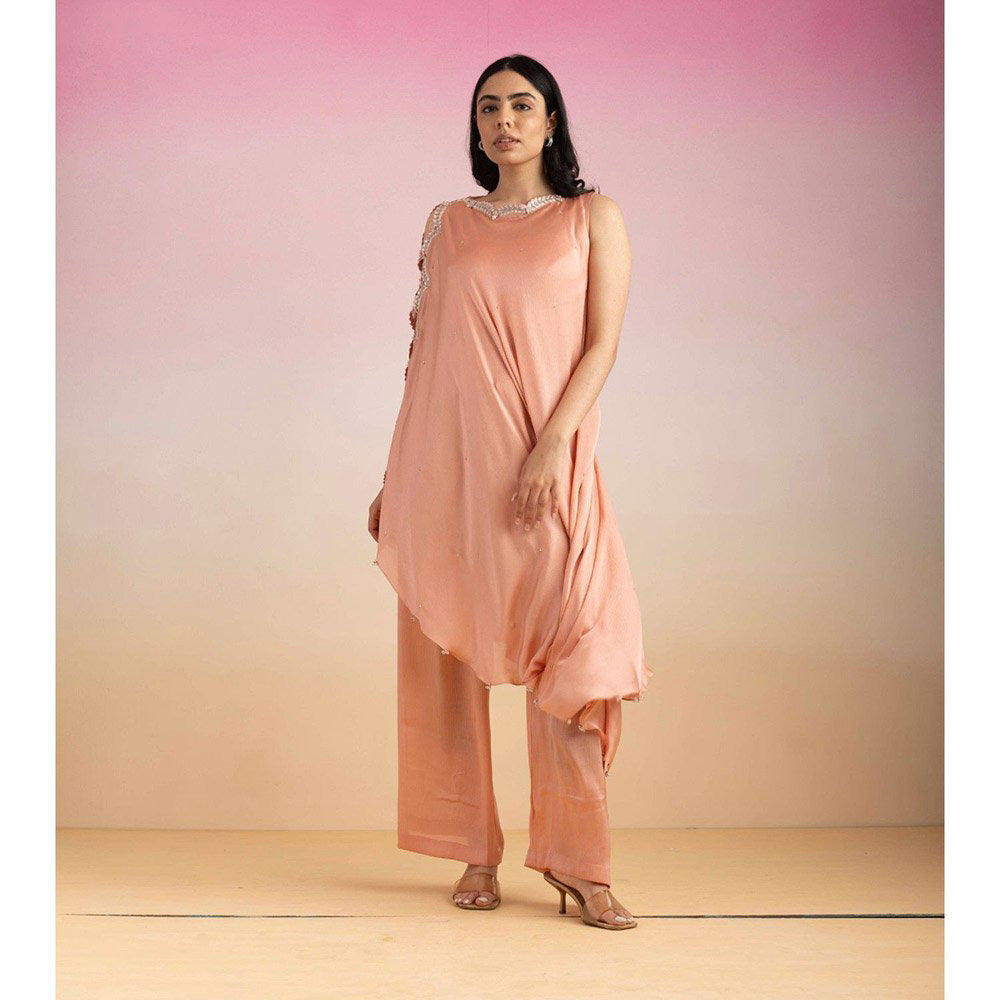 Ajiesh Oberoi Peach Lehar Palazzo with Cape Sleeve Kurta (Set of 2)