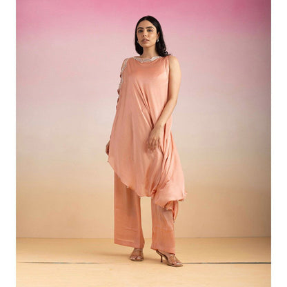Ajiesh Oberoi Peach Lehar Palazzo with Cape Sleeve Kurta (Set of 2)