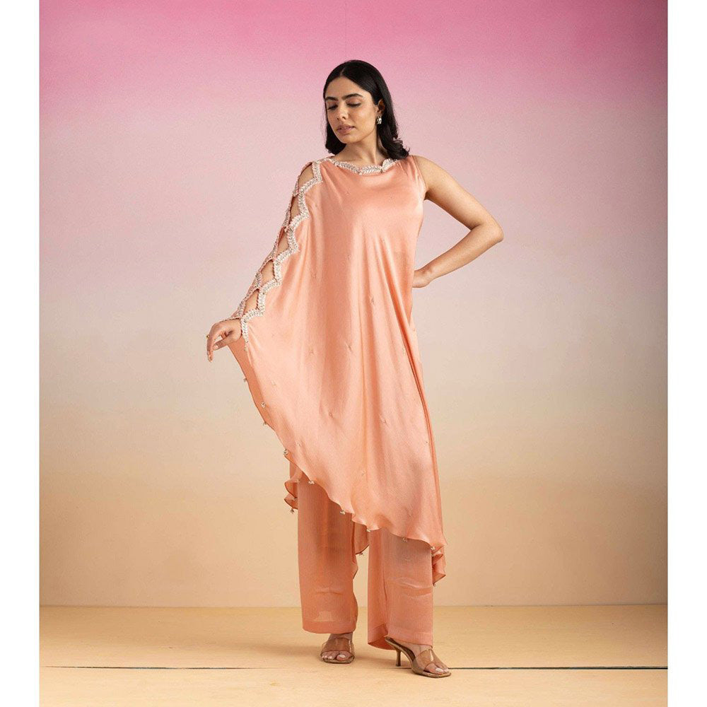 Ajiesh Oberoi Peach Lehar Palazzo with Cape Sleeve Kurta (Set of 2)