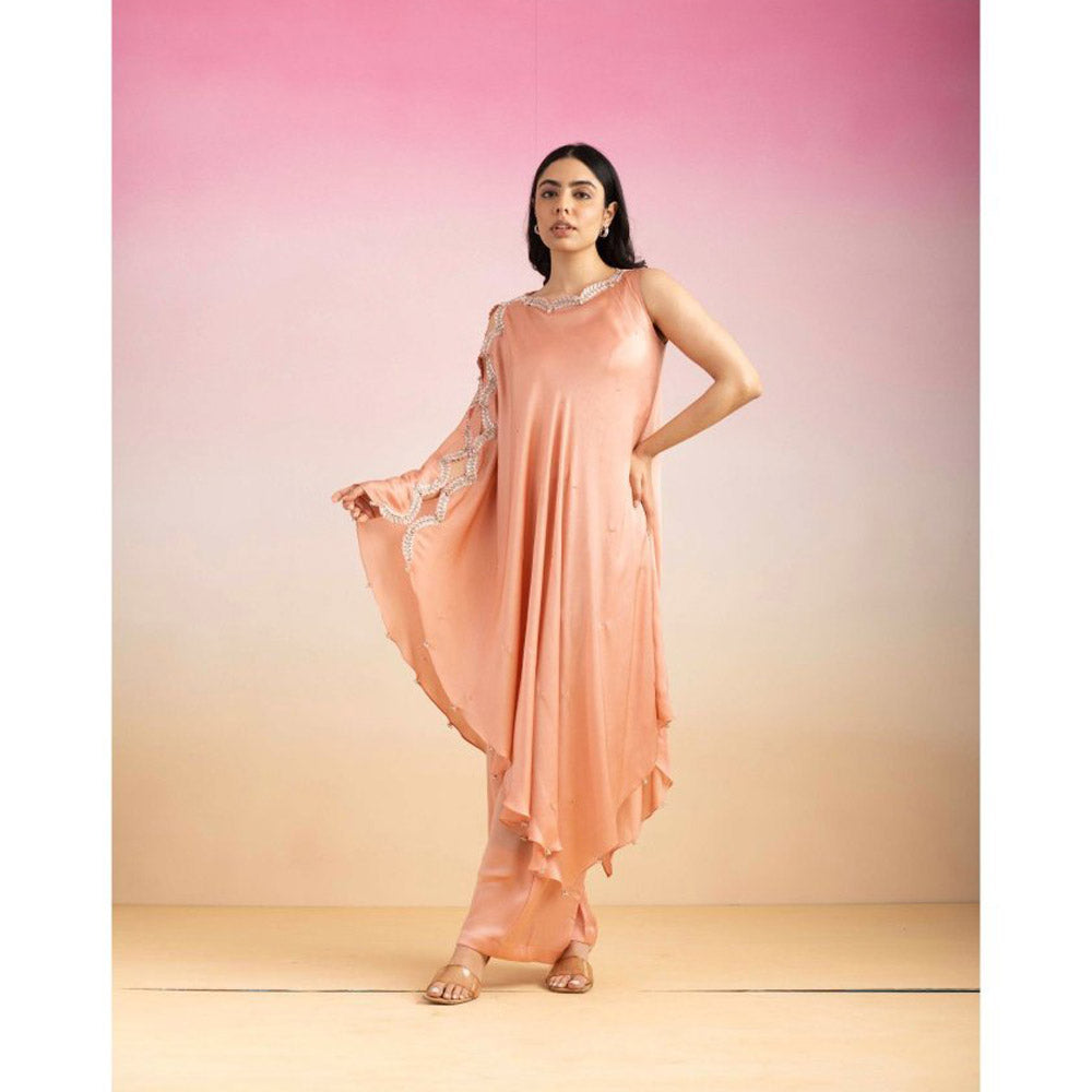 Ajiesh Oberoi Peach Lehar Palazzo with Cape Sleeve Kurta (Set of 2)