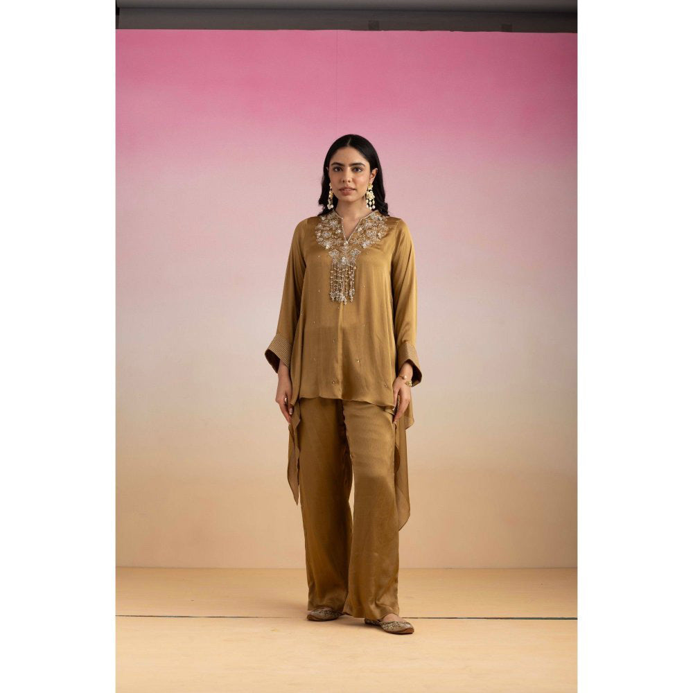 Ajiesh Oberoi Brown Jhilmil Tunic with Palazzo (Set of 2)