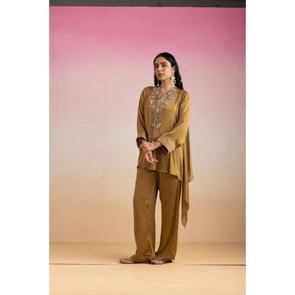 Ajiesh Oberoi Brown Jhilmil Tunic with Palazzo (Set of 2)