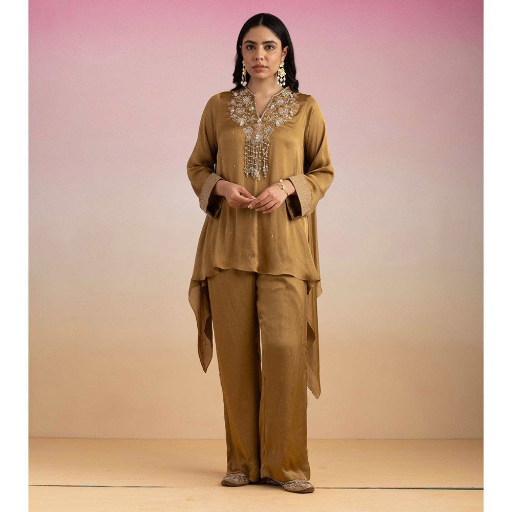 Ajiesh Oberoi Brown Jhilmil Tunic with Palazzo (Set of 2)