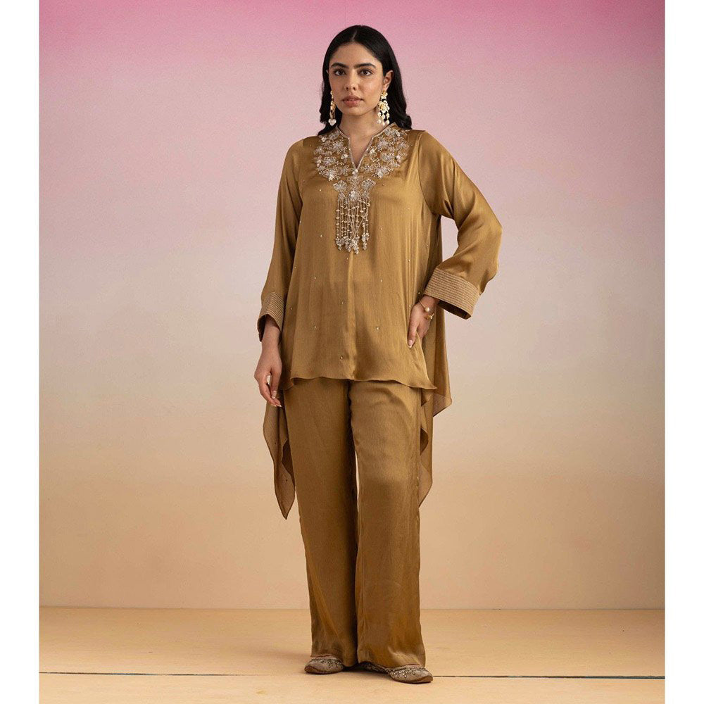Ajiesh Oberoi Brown Jhilmil Tunic with Palazzo (Set of 2)