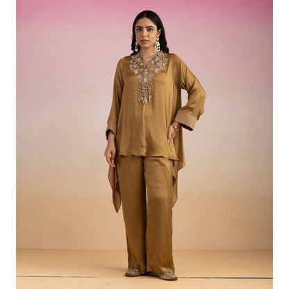 Ajiesh Oberoi Brown Jhilmil Tunic with Palazzo (Set of 2)