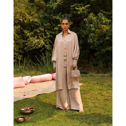 Ajiesh Oberoi Beige Kajal Shirt with Pant and Shrug (Set of 3)