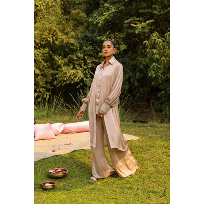 Ajiesh Oberoi Beige Kajal Shirt with Pant and Shrug (Set of 3)