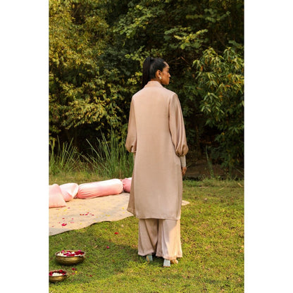 Ajiesh Oberoi Beige Kajal Shirt with Pant and Shrug (Set of 3)