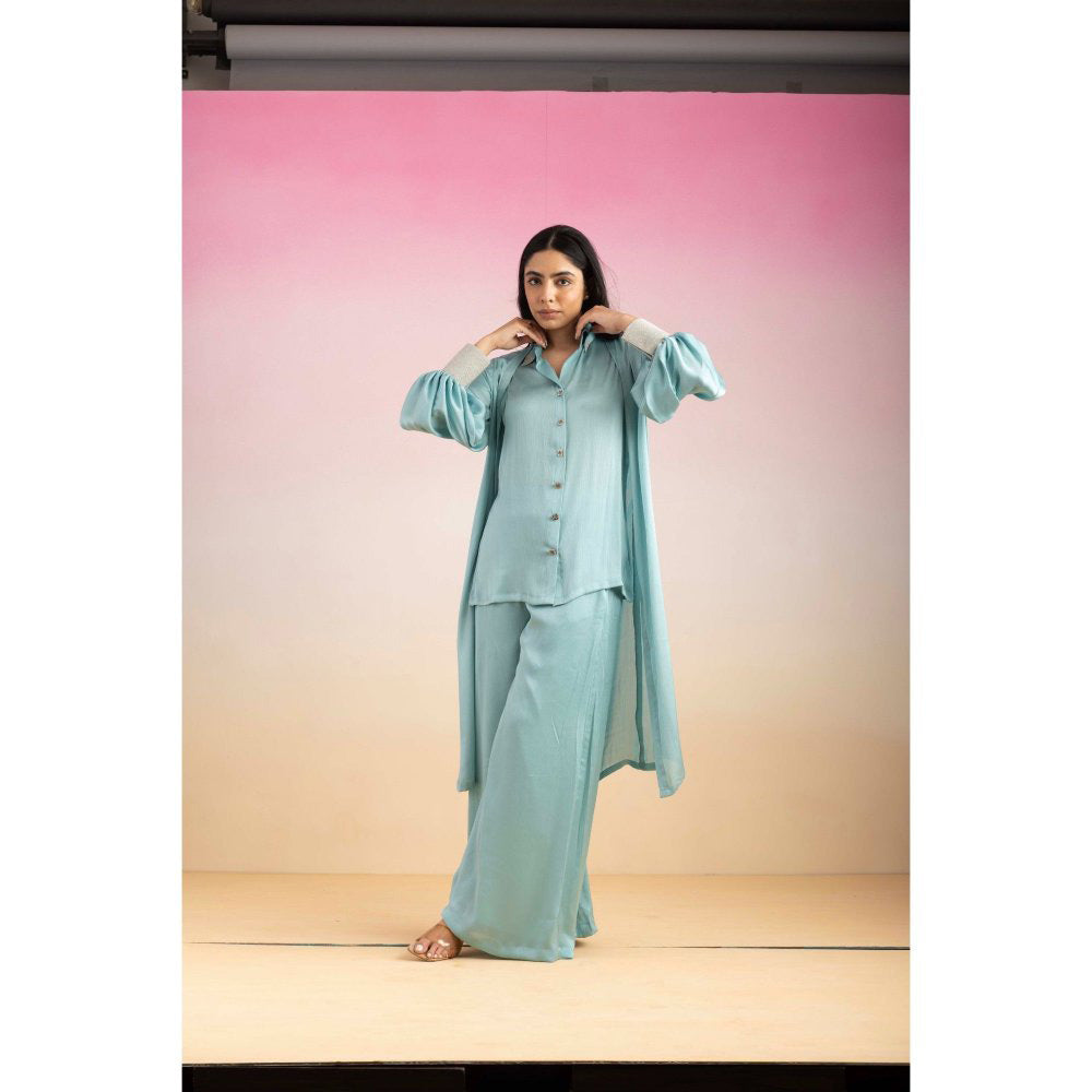 Ajiesh Oberoi Blue Kajal Shirt with Pant and Shrug (Set of 3)