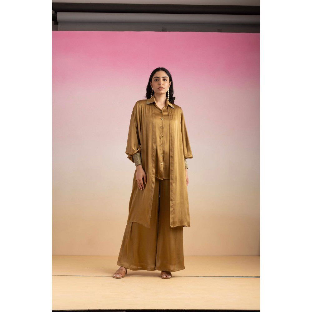 Ajiesh Oberoi Brown Kajal Shirt with Pant and Shrug (Set of 3)