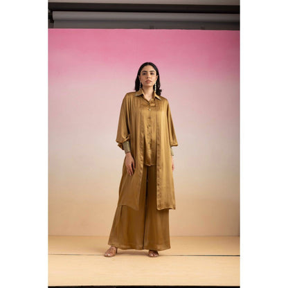 Ajiesh Oberoi Brown Kajal Shirt with Pant and Shrug (Set of 3)