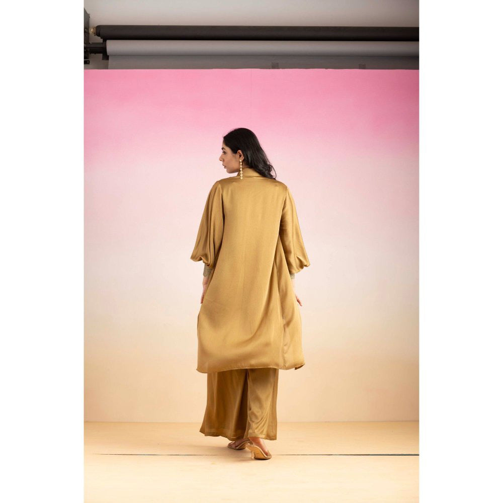 Ajiesh Oberoi Brown Kajal Shirt with Pant and Shrug (Set of 3)