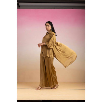 Ajiesh Oberoi Brown Kajal Shirt with Pant and Shrug (Set of 3)