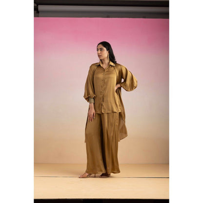 Ajiesh Oberoi Brown Kajal Shirt with Pant and Shrug (Set of 3)