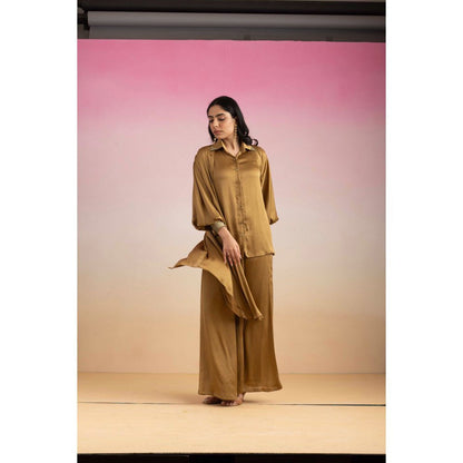 Ajiesh Oberoi Brown Kajal Shirt with Pant and Shrug (Set of 3)